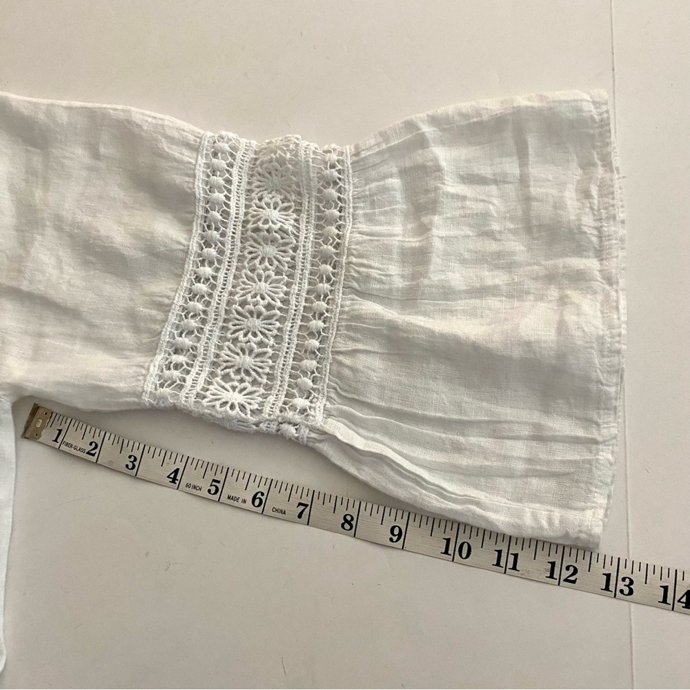 White Linen Blouse Top Sz Large Crochet Peasant Bell Sleeve Prairie Summer - Picture 13 of 13